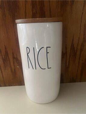 Rae Dunn Ceramic Rice Canister/Cellar with Bamboo Lid
